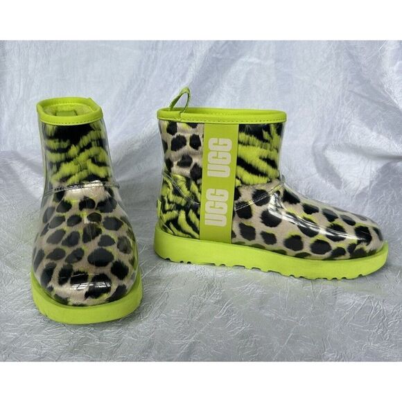 Size 6 Women's UGG Classic Clear Mini Animalia Boots Neon Green Animal Print - Picture 2 of 7